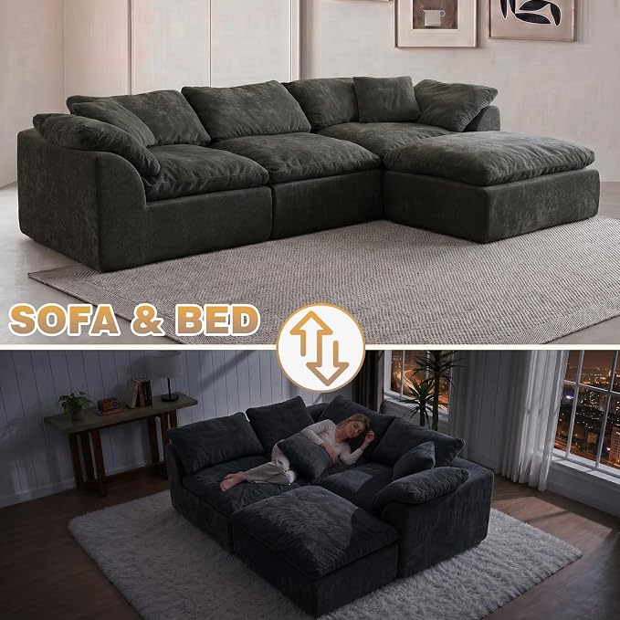 109" Boneless Cloud Couch Sectional for Living Room, Oversized Modular L Shaped Sofa with Ottoman, Deep Seat Chenille Sectional Couch for Cloud-Like Comfort (Onyx Black)