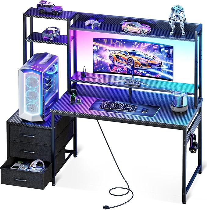 Casaottima 48 Inch Gaming Desk with Hutch & 3 Fabric Drawers, Computer Desk with USB Ports & LED Lights, Reversible Pc Gamer Table with Monitor Stand for Home Office, Carbon Fiber Black