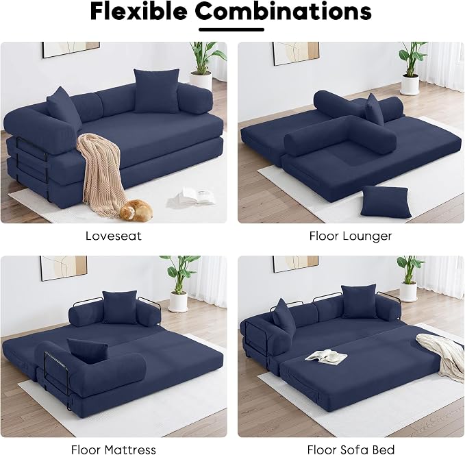 ZEIINPA Convertible Sleeper Sofa Bed with Cylindrical Pillow, Corduroy Folding Boneless Couch with Fixed-Shape Frame, Floor Sofa Lounge Couch for Living Room Bedroom Lounge Studio-Blue