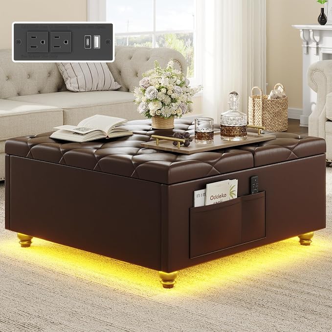 Dnxao Leather Ottoman with Storage,Lift Top Tufted Upholstered Ottoman Coffee Table with LED Lights and Charging Station, Ottomans for Living Room with 2 Side Pockets,Tray Included,PU Brown