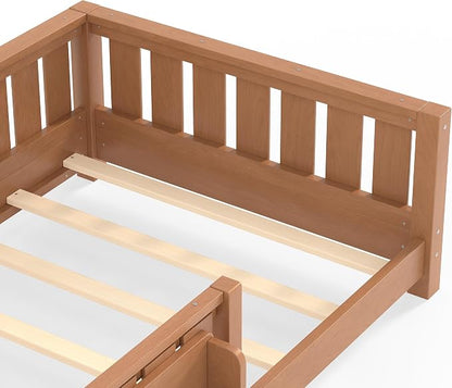 Bellemave Twin Size Montessori Floor Bed with Slats and Fence, Twin Size Montessori Bed with Rails and Bookcase, Easy Assemble Floor Beds Frame, Natural
