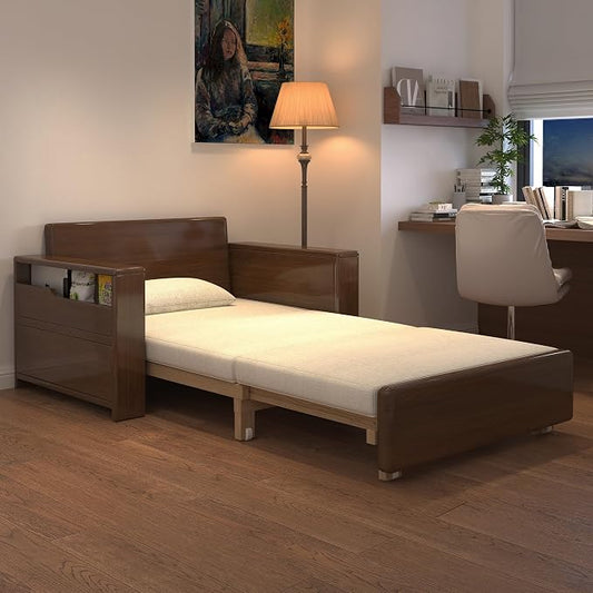 48" 3-in-1 Storage Sleeper Sofa Bed, Walnut Finish Solid Wood Frame | Solid wood sofa for living rooms, apartments & offices — single-size, it works as a guest bed to maximize small space.