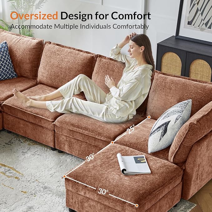 HULALA HOME 127'' Modular Sectional Sofa, Oversized U Shaped Couch with Storage Ottoman, Comfy Chenille Sofa with Deep Seat, 6 Seat Convertible Couches for Living Room, Burnt Orange