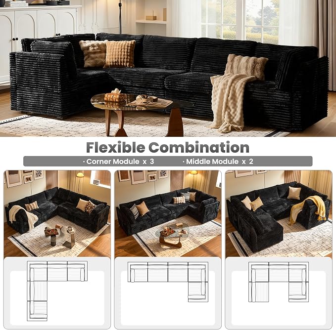 ovios Modular Sectional Sofa Couch with V-Shape Chaise Convertible, Comfy Plush Corduroy Cloud Couches, Modern Luxury Deep Seat Sofas Set for Living Room, 5-Seater, Black