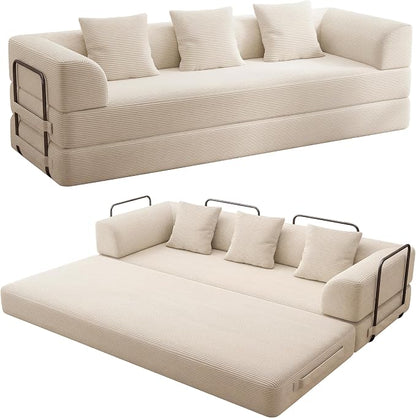 89" Cloud Boneless Convertible Sofa Bed, 5-in-1 Foldable Compressed High-Density Sponge Sofa, Corduroy Fabric 3 Seater Sleeper Couch Futon Daybed for Living Room Bedroom (Beige)