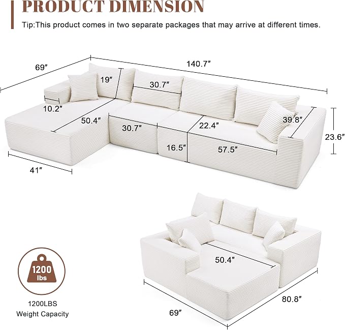 Mangodan 140” Cloud Sectional Couch, Modular Sectional Sofa with Deep Seat, Boneless Sofa for Living Room, Fluffy Comfy L-Shaped Couch with Left Facing Chaise, No Assembly Required, Beige