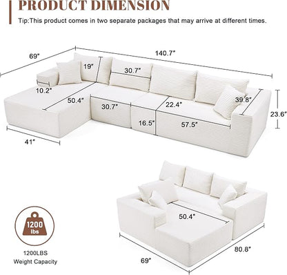 Mangodan 140” Cloud Sectional Couch, Modular Sectional Sofa with Deep Seat, Boneless Sofa for Living Room, Fluffy Comfy L-Shaped Couch with Left Facing Chaise, No Assembly Required, Beige