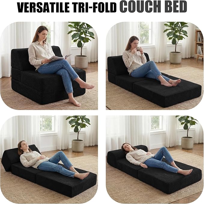 Kasunpul Folding Sofa Bed with Pillow, Memory Foam Fold Out Chair Bed, Convertible Sleeper Chair with Washable Cover, Futon Floor Couch for Living Room/Dorm/Guest Use/Home Office/Apartment, Black