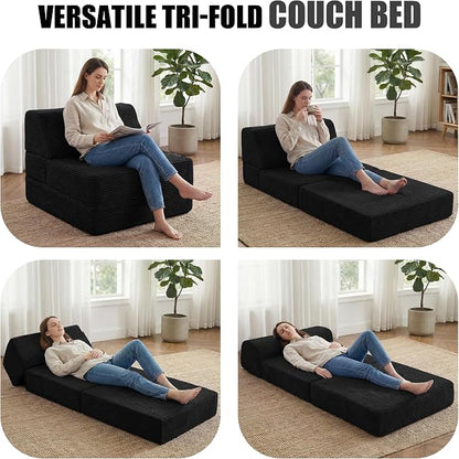 Kasunpul Folding Sofa Bed with Pillow, Memory Foam Fold Out Chair Bed, Convertible Sleeper Chair with Washable Cover, Futon Floor Couch for Living Room/Dorm/Guest Use/Home Office/Apartment, Black