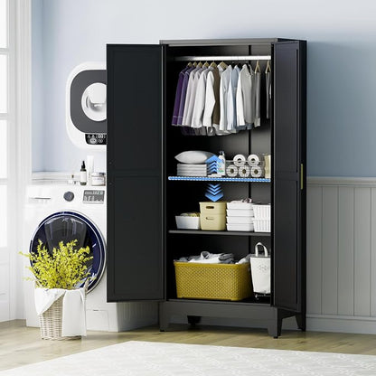 71 "H Wardrobe Closet with Doors, Metal Wardrobe Cabinet with 2 Doors and 2 Adjustable Shelves, Armoire Wardrobes Closet with Hanging Rod, Closets for Bedroom, Laundry Room, Black