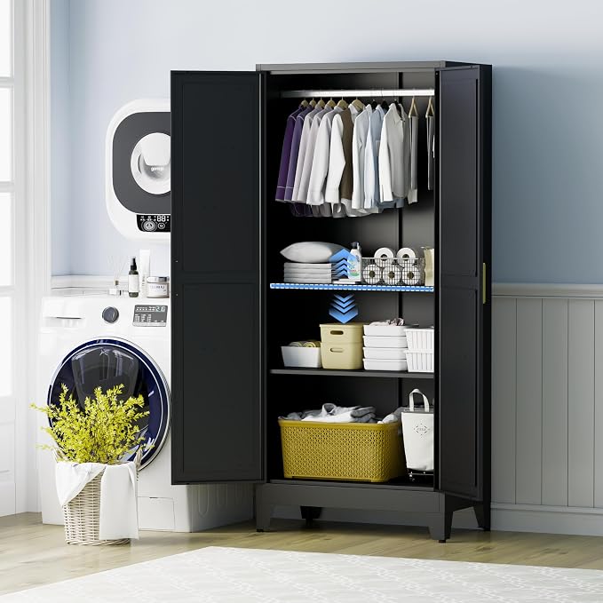 Metal Armoire Wardrobe Closet with Doors and Shelves, 71" Tall Metal Wardrobe Closet with Hanger Rod and Clothing Shelf, Black Farmhouse Bedroom Armoire Steel Storage Cabinet for Bedroom