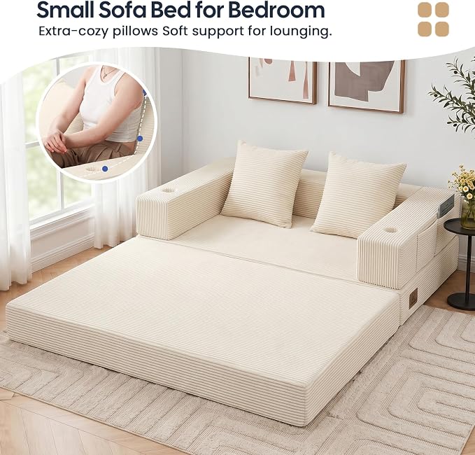COMAX Futon Sofa Bed, Convertible Sofa Bed, Folding Boneless Couches | Boneless Couch for living room, 4‑in‑1 Fold Out Small Foldable Loveseat Floor Sleeper Mattress Lounge Space‑Saving, Beige