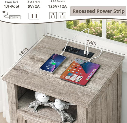 Joaxswe 18" Farmhouse Night Stand with Charging Station, 2 Drawers End Table Dresser for Bedroom, Oak Wooden Nightstand, Bed Side Table with Open Shelf, Bedside Cabinet for Living Room, Closet