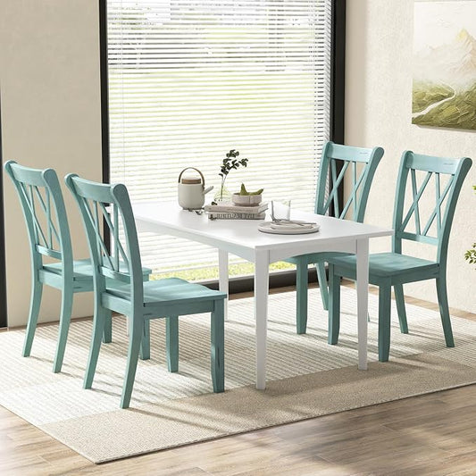 SIMOE Set of 4 Wooden Dining Chairs, Mid Century Farmhouse Kitchen Chairs, Solid Rubberwood Armless Side Chairs with High Back, Ergonomic Seats for Dining Room Living Room, Green