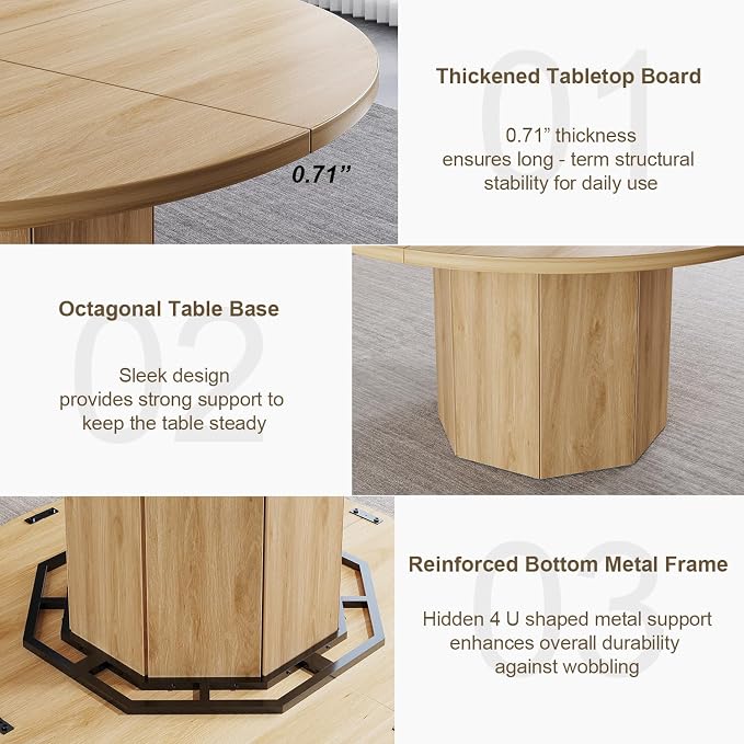 HSH 47” Round Dining Table for 4, Modern Farmhouse Wood Dinner Table with Octagon Pedestal Base, Circular Kitchen Dining Room Table for Home Apartment Living Room, Light Oak