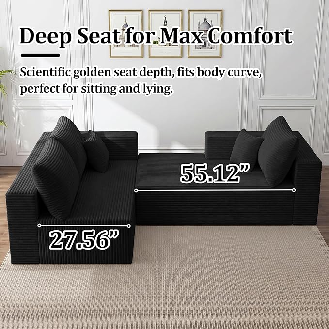 118" Modular Sectional Sofa with Chaise and Ottoman, Oversized U-Shaped Corduroy Cloud Couch, Deep Seat Boneless Couch for Living Room, No-Assembly - Black (Right Facing Chaise)