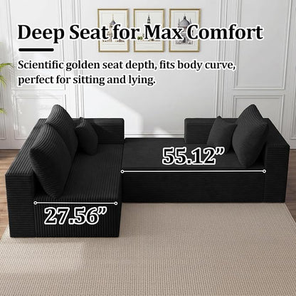 92.5" Modular Sectional Sofa, L-Shaped Cloud Couch with Deep Seats and Chaise, Upholstered Corduroy Boneless Couch for Living Room Small Space, No Need Assembly - Black(Left Facing Chaise)