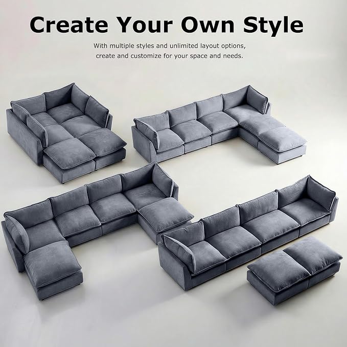 Iroomy Modular Sectional Sofa, U Shaped Chenille Cloud Couch Deep Comfy Seat, 6-Seater Sofas Couches for Living Room, Dusty Blue