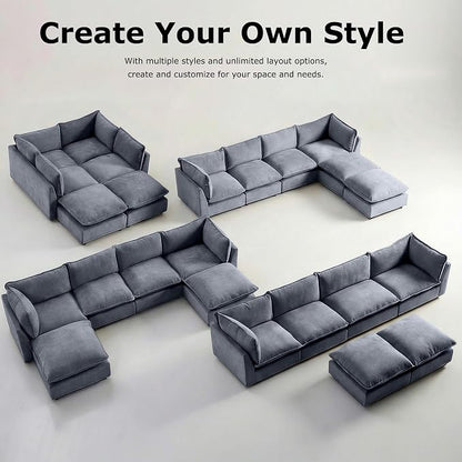 Iroomy Modular Sectional Sofa, U Shaped Chenille Cloud Couch Deep Comfy Seat, 6-Seater Sofas Couches for Living Room, Dusty Blue