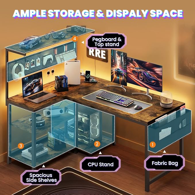 Apicizon L Shaped Desk Gaming Desk with LED Light & Power Outlet, 47 Inch Reversible Computer Desk with Pegboard & Shelf & Storage Bag for Home Office, Rustic Brown