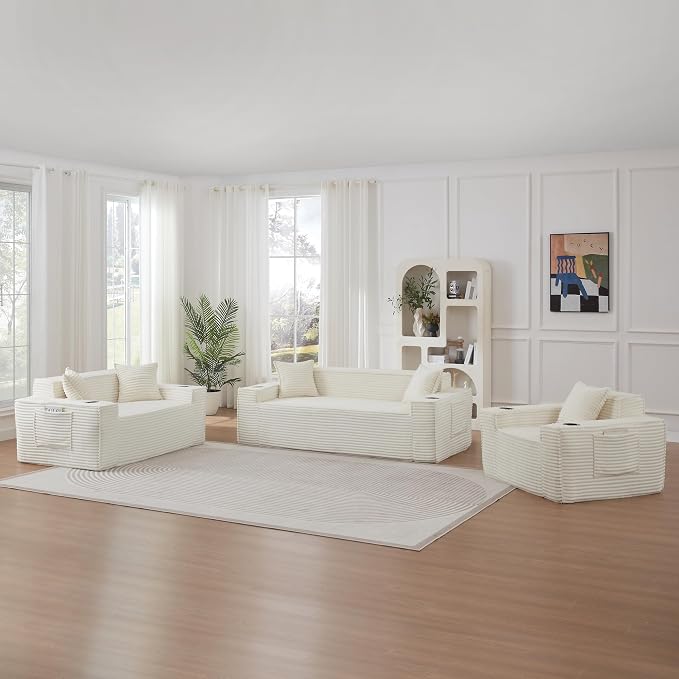 Boneless Sectional Sofa 3 Piece Set with Cup Holders & Side Pockets, Luxury Corduroy Fabric Deep Seat Cloud Couch Living Room, Office, No Assembly (White)