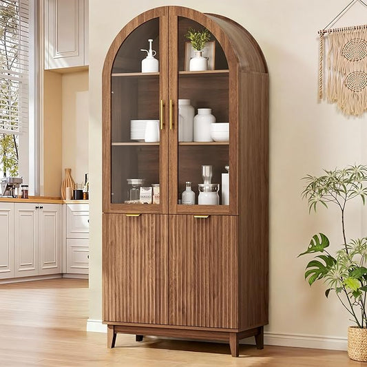 Pamapic 71" Tall Arched Cabinet, Fluted Kitchen Pantry with Glass Doors & Adjustable Shelves, Arch Storage Cabinet, Wooden Pantry for Dining Room, Living Room (Walnut)