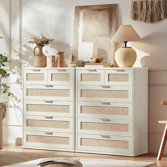 LEYAOYAO White Dresser for Bedroom Set of 2, 41" Tall Chest of Drawers, Modern 6 Drawers Boho Rattan Dressers with Storage, Dresser Wooden Closet Organizer for Living Room, Hallway
