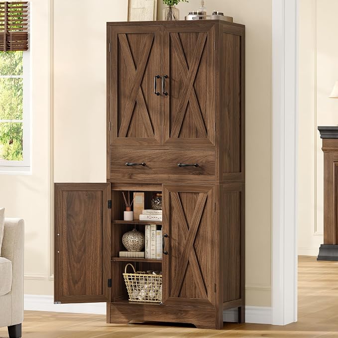 TEENFON Tall Storage Cabinet with 2 Adjustable Shelves & 1 Large Drawer, Kitchen Pantry Cabinet with 4 Doors, Bathroom Storage Cabinets, for Living Room, Kitchen, Bathroom, Walnut