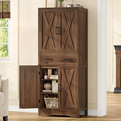 TEENFON Tall Storage Cabinet with 2 Adjustable Shelves & 1 Large Drawer, Kitchen Pantry Cabinet with 4 Doors, Bathroom Storage Cabinets, for Living Room, Kitchen, Bathroom, Walnut