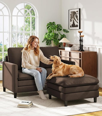 Welzona 3-Layers Cloud L Shaped Couch, 51" Loveseat Sofa Living Room, Bedroom - Tool-Free Assembly with Teddy Fabric Small L Shape Sofa - Brown - Removable Washable Covers - 650lbs Capacity