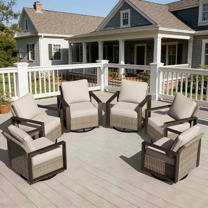 Joyside Outdoor Patio Swivel Rocker Chairs Set, 6 Pieces Wicker Rattan Chairs with Metal Wide Armrest, Thick Cushions and Deep Seating for Garden, Backyard, Porch, Deck