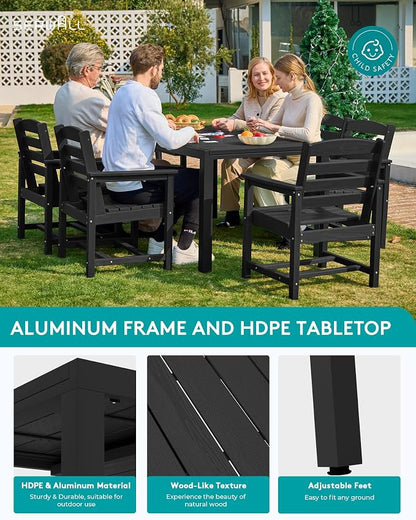 SERWALL 60" - 83" Expandable Outdoor Dining Table and 6 HDPE Chairs, Black | Outdoor Dining Set for 6, All Weather Aluminum and HDPE Outdoor Furniture Set, Extendable Patio Dining Table