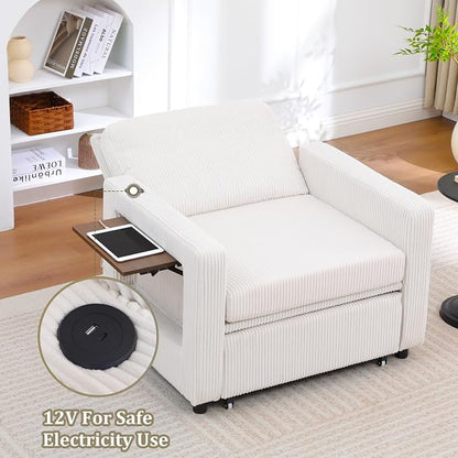 3 in 1 Folding Convertible Sleeper Sofa Bed Pull Out Couch with Side Pockets USB Port Side Table Single Sofa Bed with Adjustable Backrest for Living Room Bedroom 66" Beige 1 SEAT