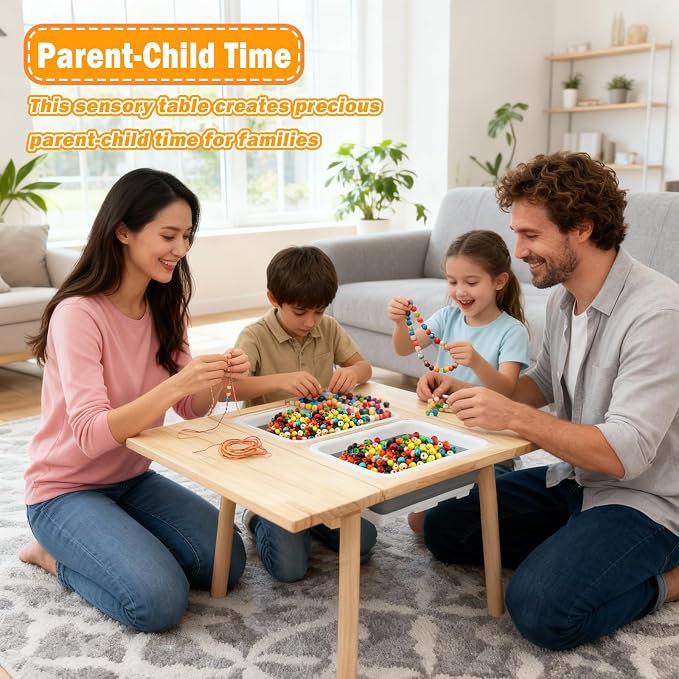 Large Solid Pine Wood Table with Flip Top, Activity Table with 2 Storage Bins & Double-Sided Board, Indoor/Outdoor Play Sand and Water, Multi-Functional Desk for Drawing Studying Dining