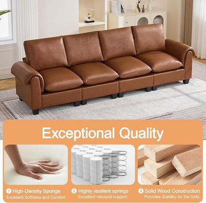118" Faux Leather Modular Sectional Upholstered Sofa, Oversized 4 Seater Couch with Curved Armrests, Cloud Modern Upholstered Deep Seat Sofa for Living Room, Brown