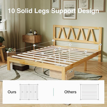 Novilla 12 Inch Wooden Full Size Bed Frame, Solid Wood Full Size Bed Frame with Headboard, Sturdy Wood Slat Support, No Box Spring Needed, Easy Assembly, Pine