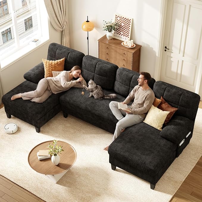 KKL U-Shaped Sectional Couch for Living Room, 112" Sectional Sofa with Double Chaise, Modern Sofa Deep Seat Couches for Living Room, Apartment, Office, Black