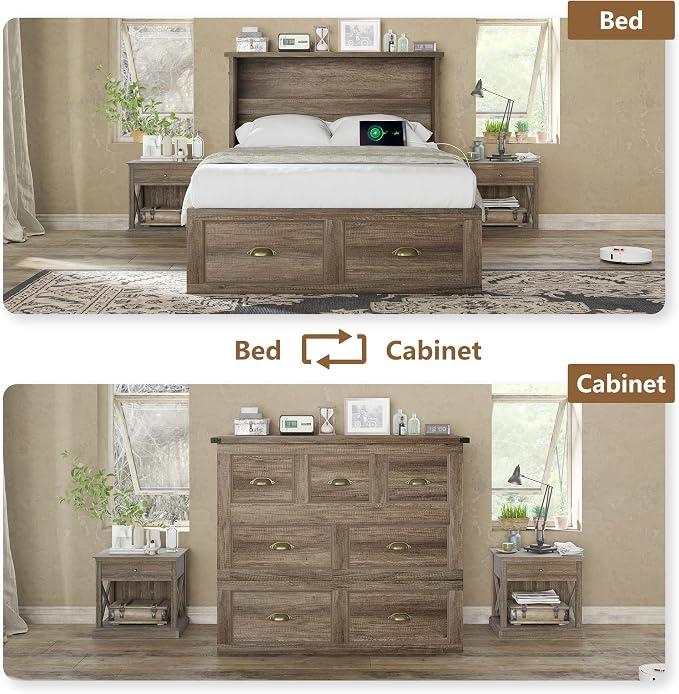AMERLIFE Twin Size Murphy Bed, Farmhouse Wooden Cabinet with Charging Station and Storage Drawer for Bedroom/Office/Guest Room, Grey Oak