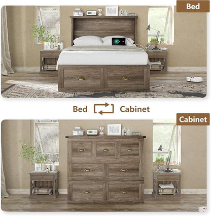 AMERLIFE Twin Size Murphy Bed, Farmhouse Wooden Cabinet with Charging Station and Storage Drawer for Bedroom/Office/Guest Room, Grey Oak