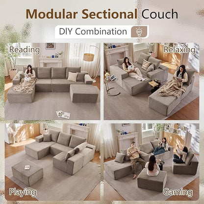 135" Modular Sectional Sofa with U Shaped Chaise, Upholstered Couches for Living Room with Deep Seat, No Assembly Required, Corduroy Cloud Couches, Camel(Left-Facing Chaise