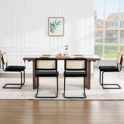 Zesthouse Natural Rattan Dining Chairs Set of 4, Modern Dining Room Chairs with Solid Wood Back for Kitchen Living Room, Mid Century Breuer Design Inspired, Upholstered Velvet Fabric, Black