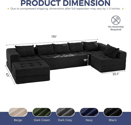 MAXYOYO Modular Sectional Sofa Couch, Foldable U Shaped Cloud Couch with Pillows, Tufted 7-Seat Boneless Lounger Floor Sofa Bed for Living Room, No Assembly Required, Black