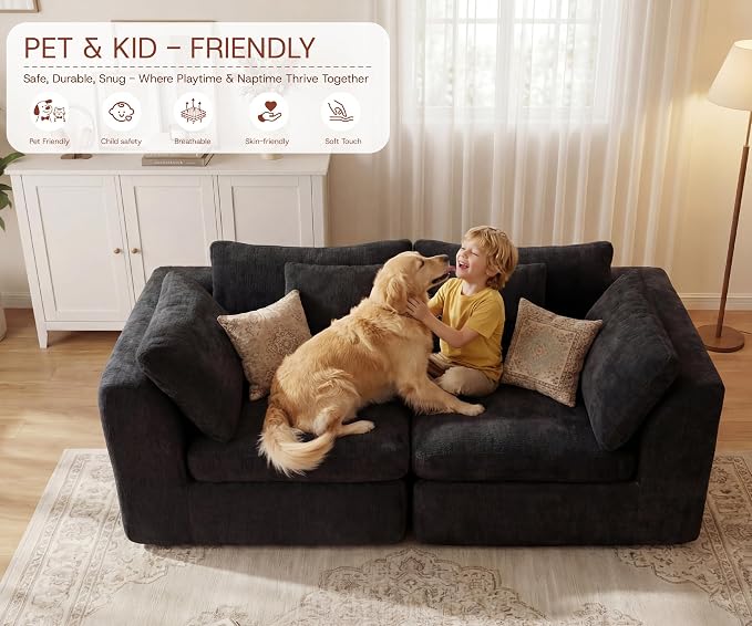 GRUSIGN 79'' Oversized Boneless Cloud Loveseat for Living Room, Modern Big Sectional Compressed 2 Seater Couch with 2 Throw Pillows, Comfy Chenille Deep Seat Foam Spineless 2 Person Couch, Black
