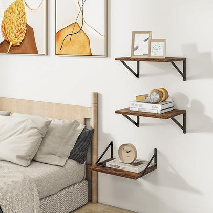 Deep Floating Shelves for Wall, 12 Inch Deep Floating Shelves Set of 3, 16W x 12D Wood Wall Shelves, Wide Wood Shelves with Metal Bracket for Living Room, Kitchen, Office, Bedroom - Rustic Brown