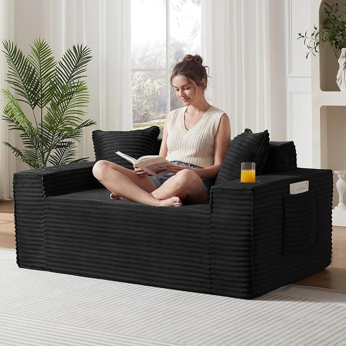 2 Pcs Living Room Cloud Sofa Set, Boneless Sofa Couches with Cup Holder with Side Pocket for Compact Living Rooms, Apartments (Black, Single Chair + Loveseat)