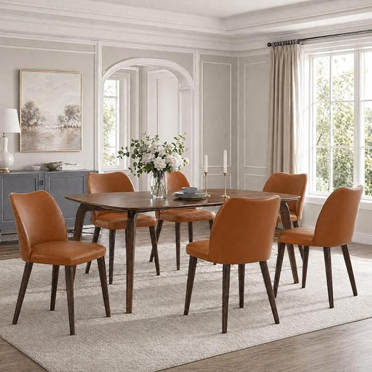COLAMY Upholstered Dining Chairs Set of 6, Modern PU Leather Dining Room Kitchen Side Chair with Padded Seat and Wood Legs Restaurant/Cafe,Light Brown