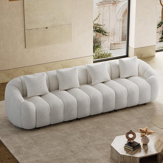 124" Oversized Minimalistic Boucle Sofa for Living Room, Luxury Plush Extra Deep Seat Sectional Sofa, Modern Comfy Curved Cloud Couch, Upholstered 5-Seater Chenille Couches, Beige White