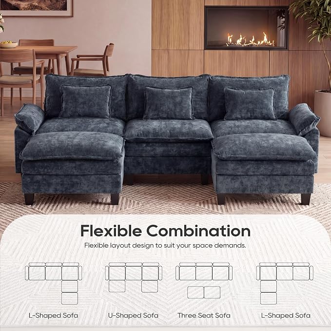 URRED Oversized Modular Sectional Sofa, 122" U Shaped Modern Comfy Cloud Couch with Movable Ottoman & Pillows, Deep Seat Couches for Living Room, Bedroom or Apartment (Chenille Blue, 122" U Shaped)