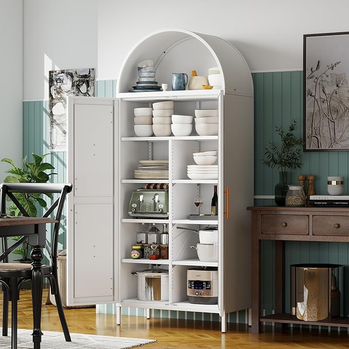 Metal Arched Pantry Cabinet with 6 Adjustable Shelves,Tall Arched Cabinet with 2 Doors for Kitchen, Home,Required Assembly,White,72.8" H x 30.7" W x 15.4" D.