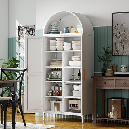 72.8" H White Metal Arched Pantry Cabinet, 30.7" W, 2-Door | Kitchen storage cupboard with 6 adjustable shelves, and anti-tip kit for pantry, dining, laundry, or bath, Assembly Required